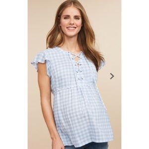 NWOT Southern Gingham Baby Blue Maternity Top